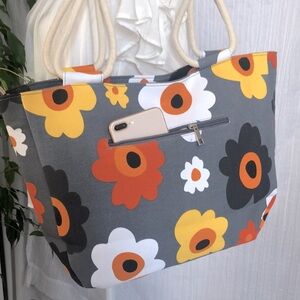 FARMHOUSE IS MY STYLE large canvas floral tote bag gray w/orange yellow NWOT